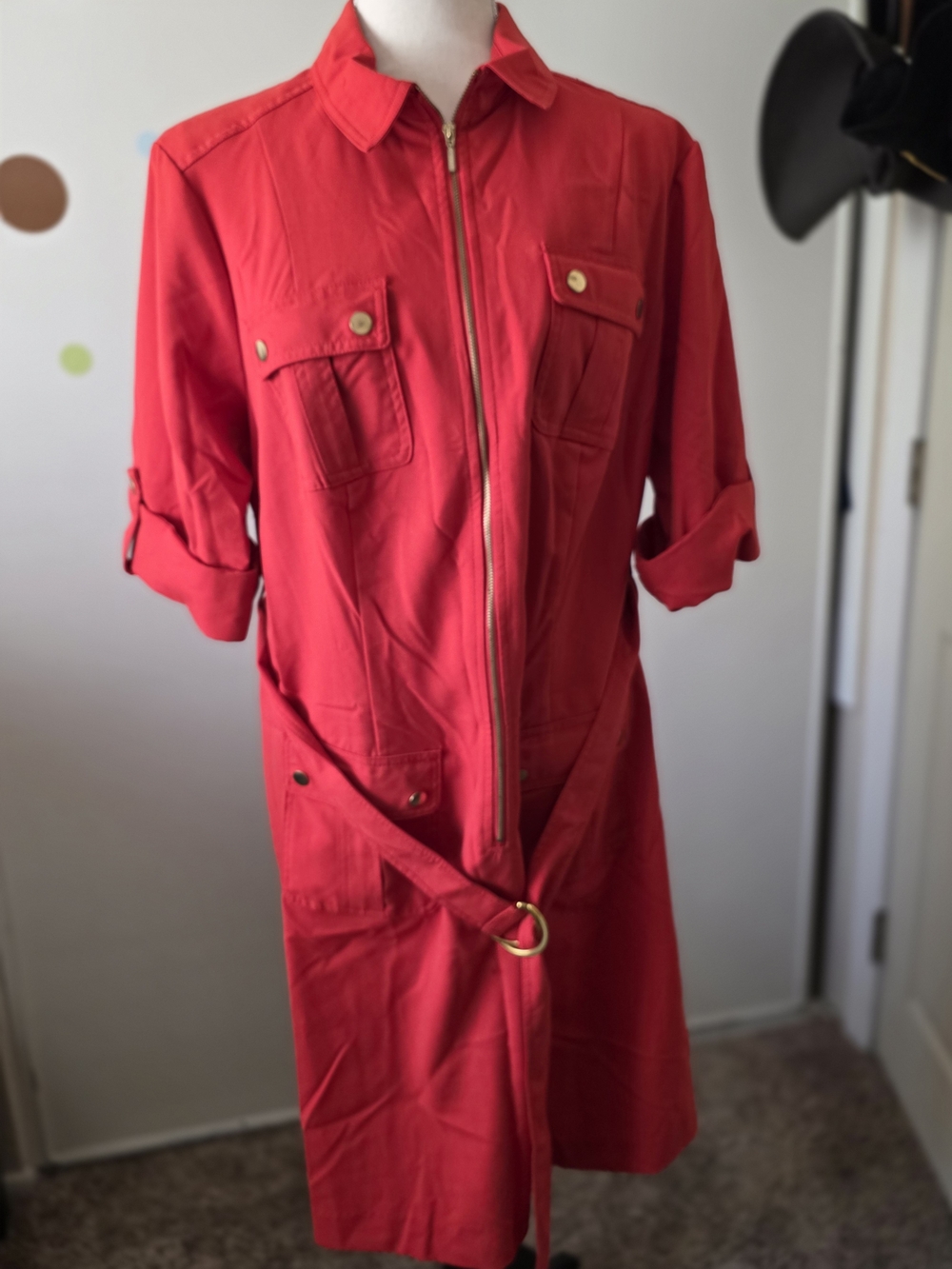 Avenue Red Zip-Front D-Ring Trench Dress